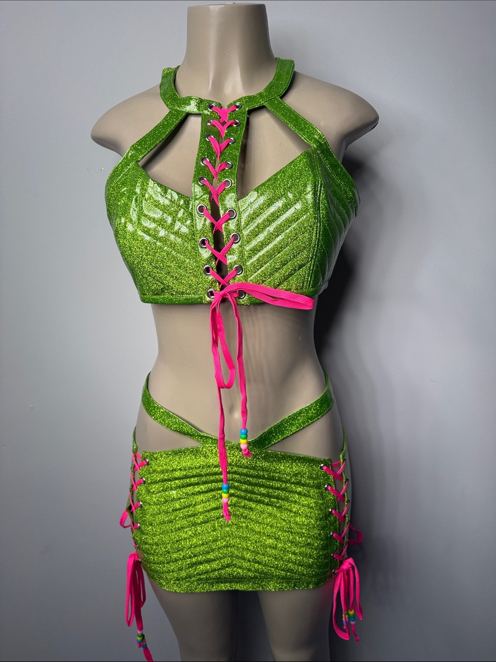 Green Glitter Lace-Up Skirt Set with Pink Accents